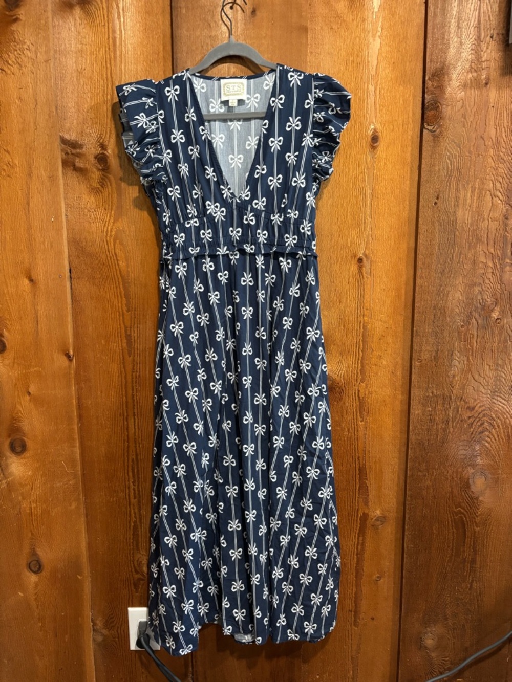 Sail to Sable STS Navy Blue White Bow Print Ruffle Sleeve Maxi Dress Small S